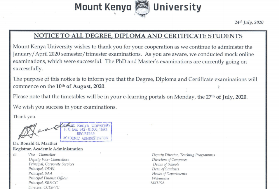 Mt. Kenya University message to all Degree, Diploma and Certificate students