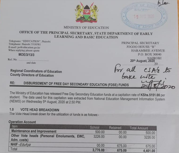 Circular on Secondary Education Funds and BOM teachers salary