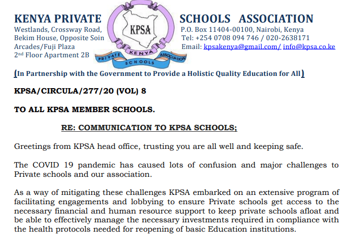 KPSA message to all KPSA registered private schools