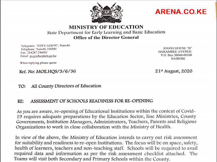 Assessment of schools in readiness for reopening