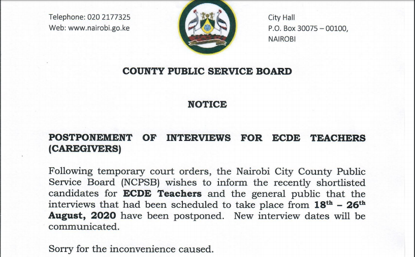 Nairobi city county postpones interviews for ECDE teachers (Caregivers)