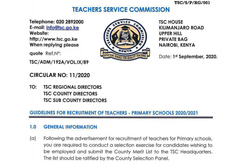 Guidelines for recruitment of primary school teachers 2020-2021