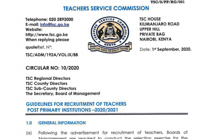 TSC recruitment guidelines for teachers Post Primary institutions 2020-2021