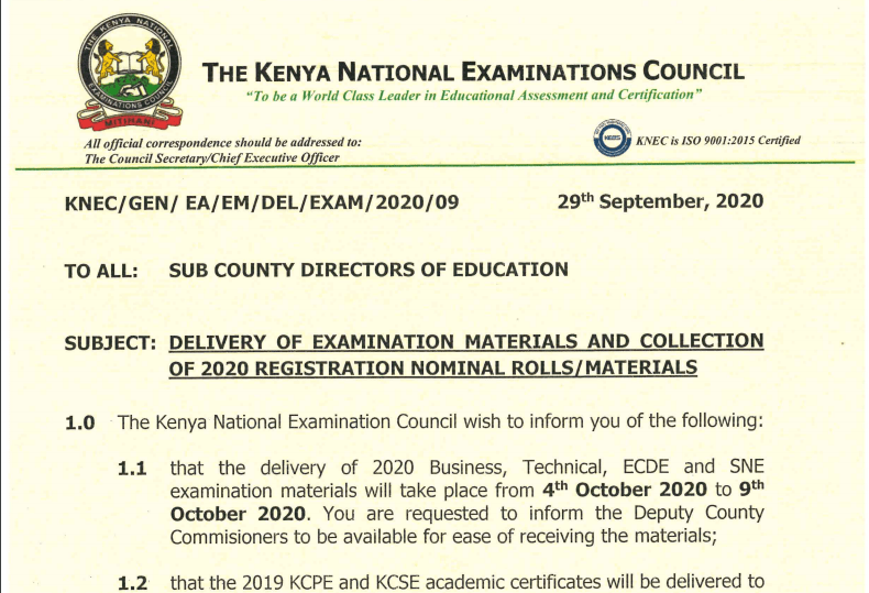 Knec: Delivery of Examination materials and collection of 2020 Nominal rolls