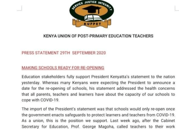 Kuppet Press Statement: Making schools ready for reopening