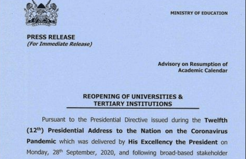 Press Release: Reopening of Universities and Tertiary institutions