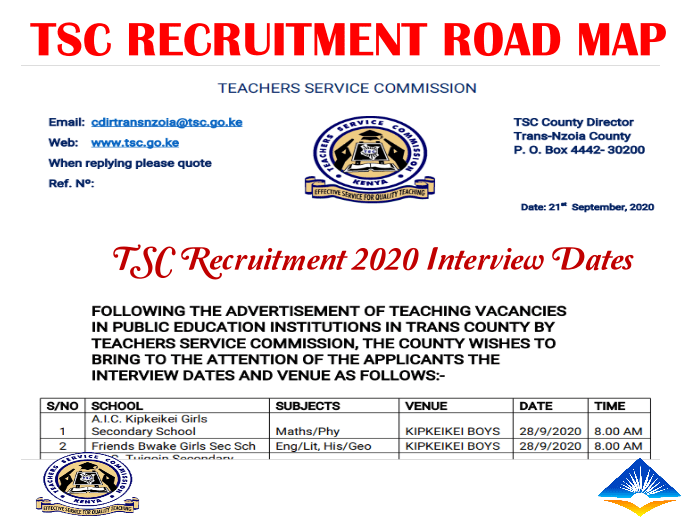 TSC Recruitment Interview Dates Busia and Trans Nzoia counties