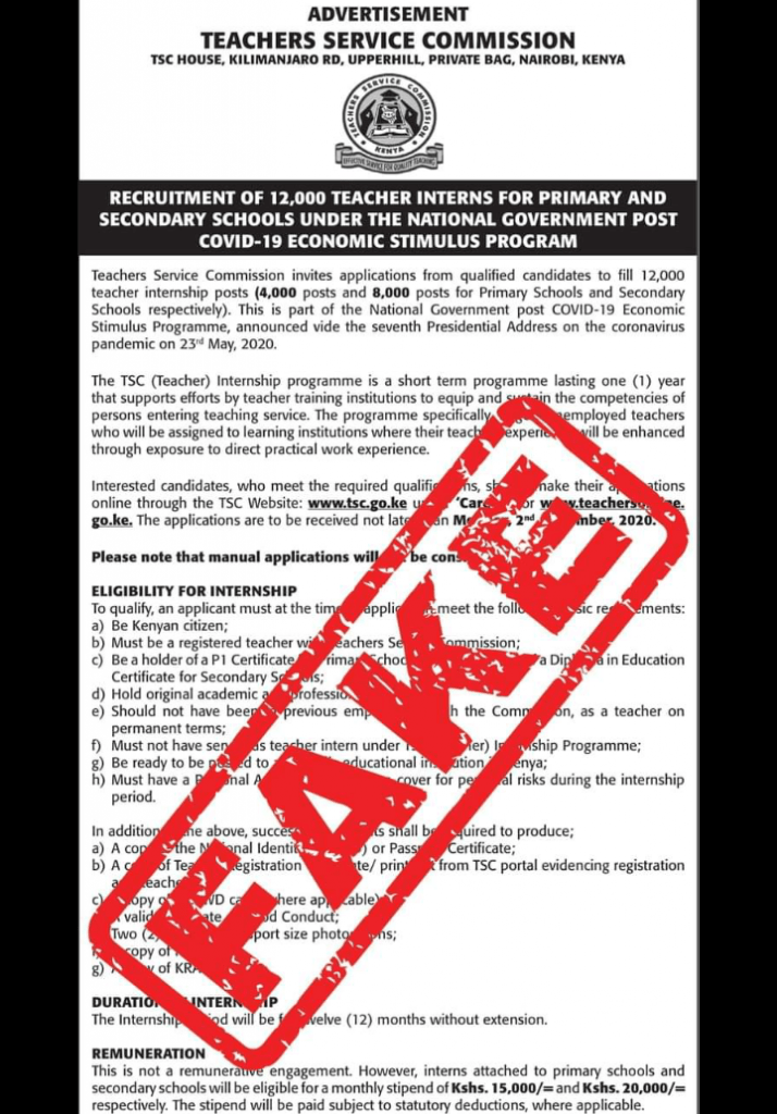 TSC dishonors internship recruitment advert, brands it fake