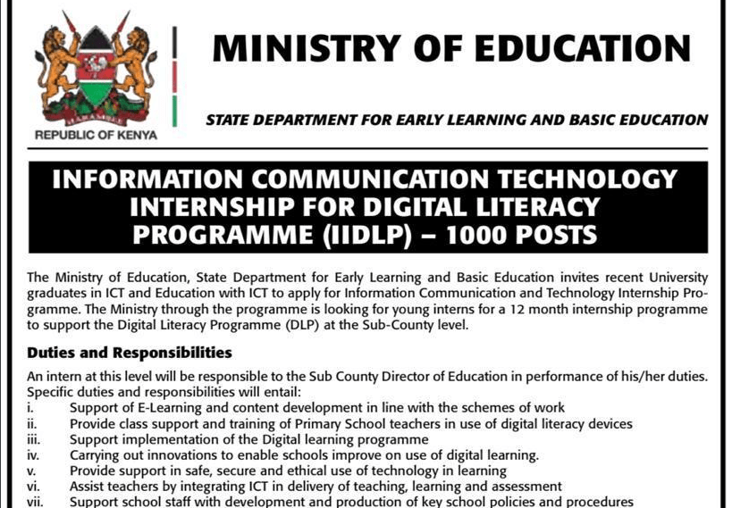 Ministry of Education advert for internship vacancies