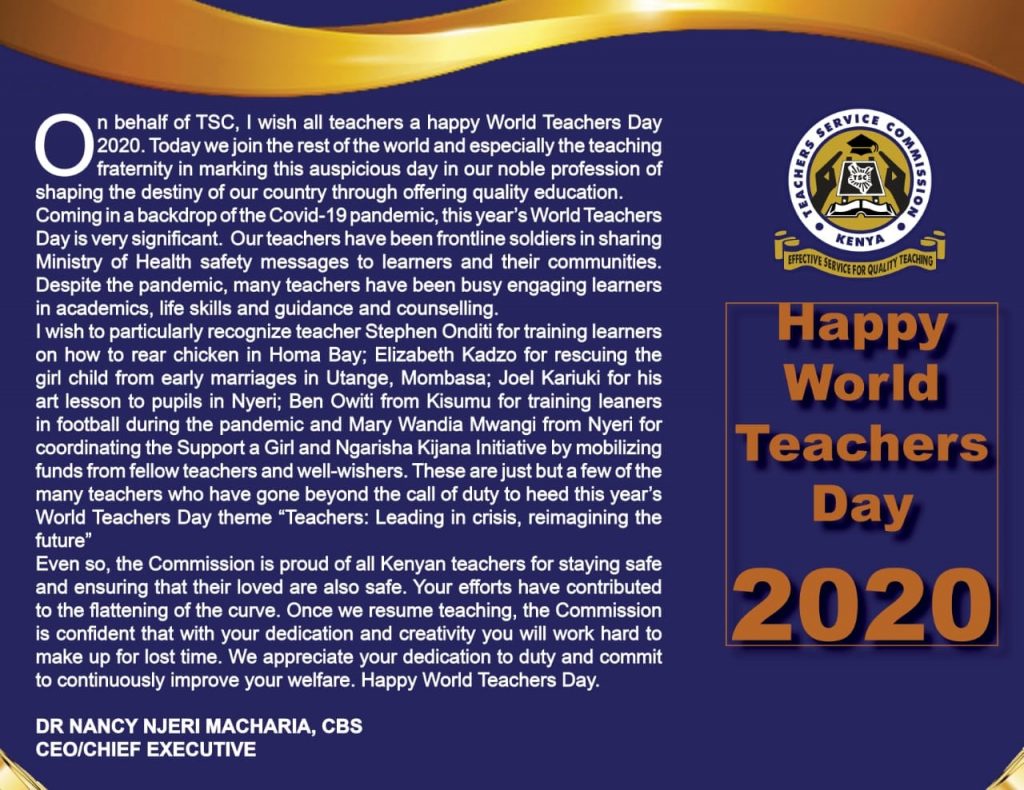TSC CEO wishes teachers a happy World Teachers day with a special message