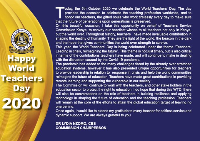 TSC CEO wishes teachers a happy World Teachers day with a special message