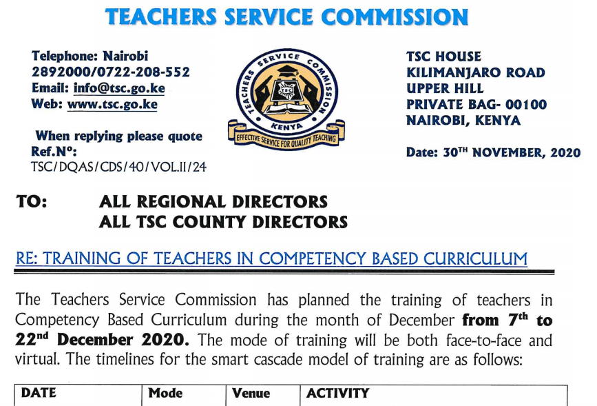 TSC issues new CBC training dates for teachers (Circular)