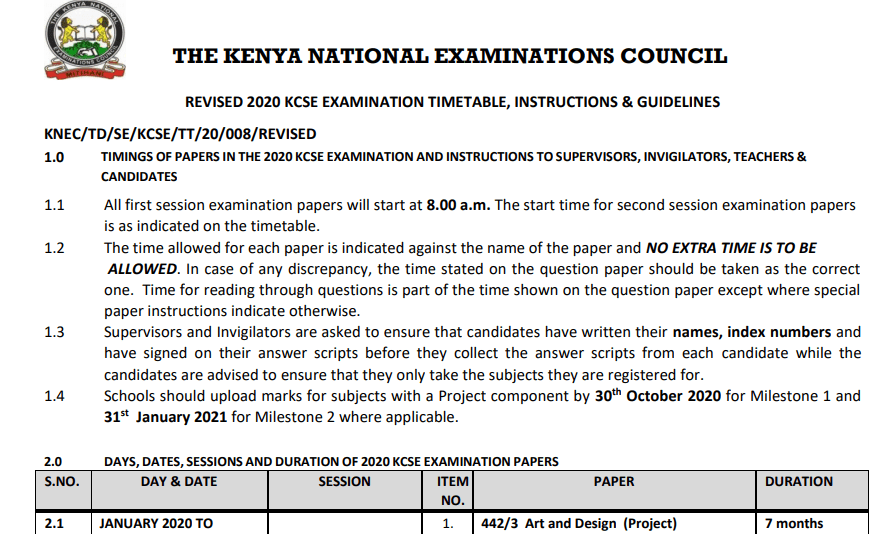 Knec official revised KCPE and KCSE exam timetables and instructions