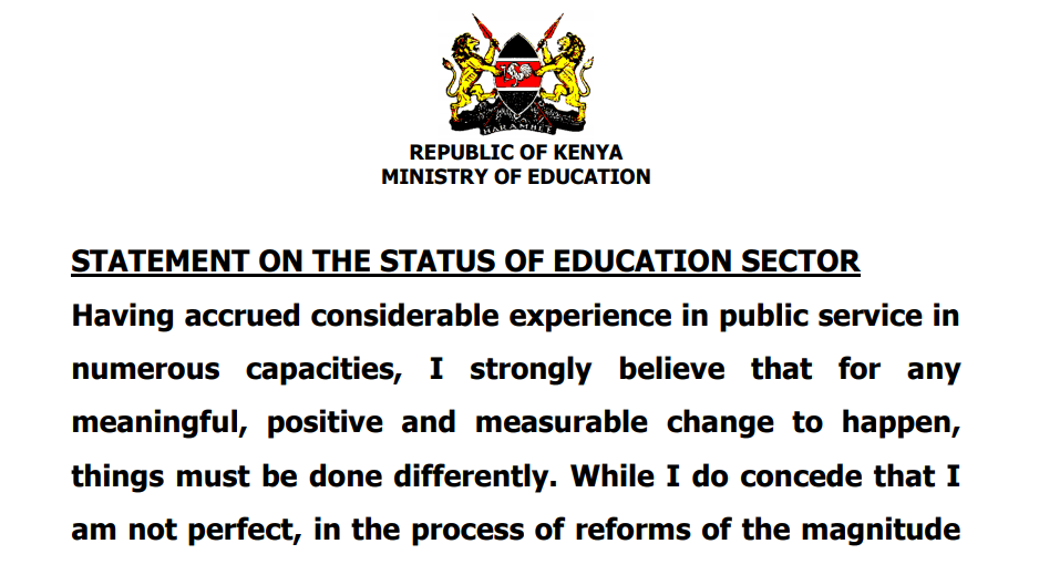 CS Magoha releases official statement on status of education sector