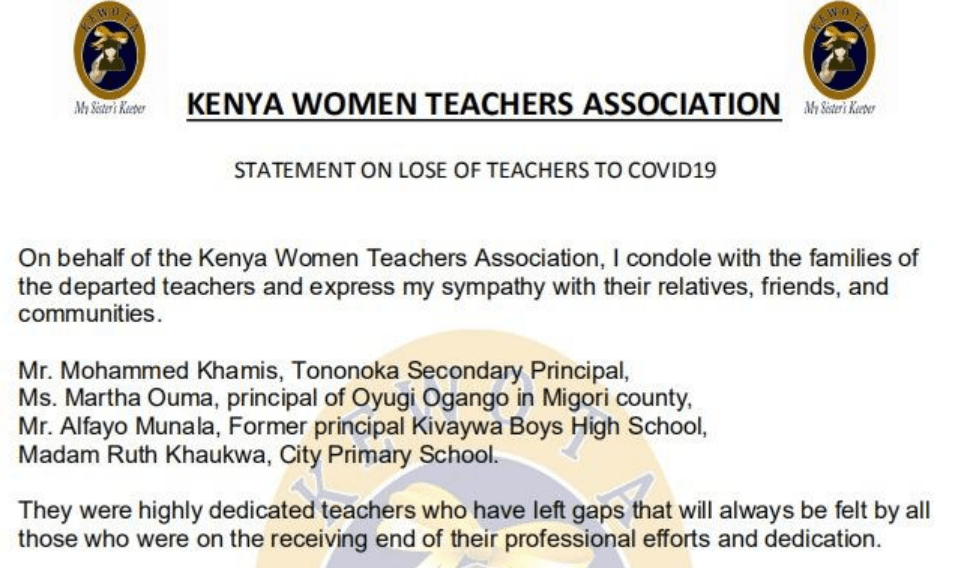 KEWOTA issues statement following loss of teachers to Covid-19