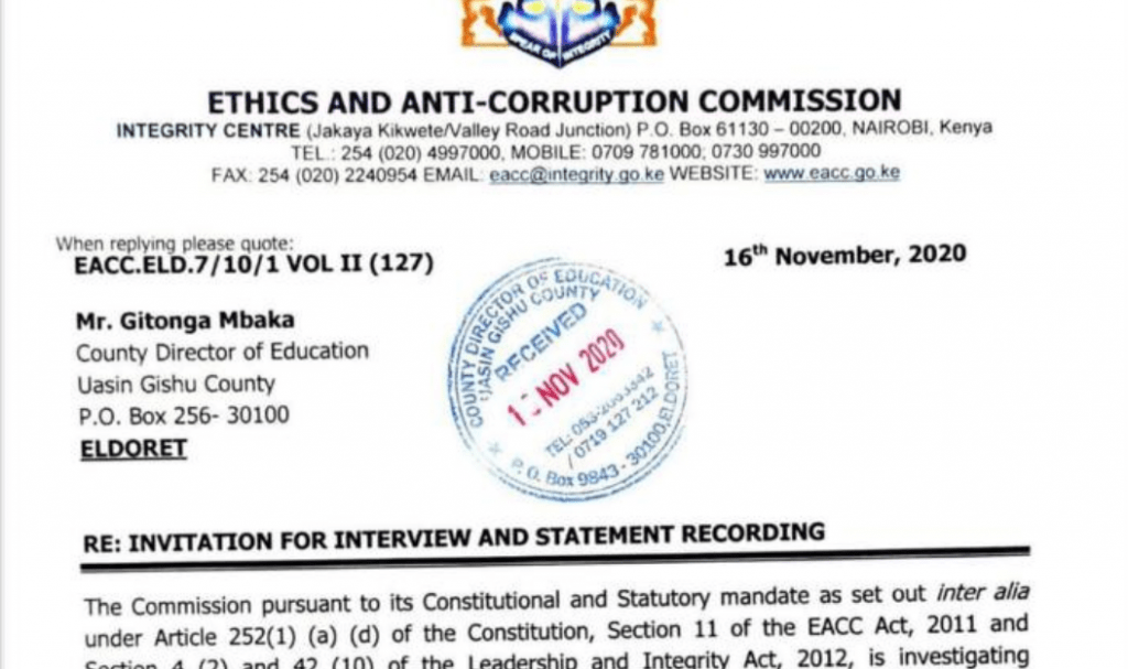 EACC invites humiliated County Director to record statement