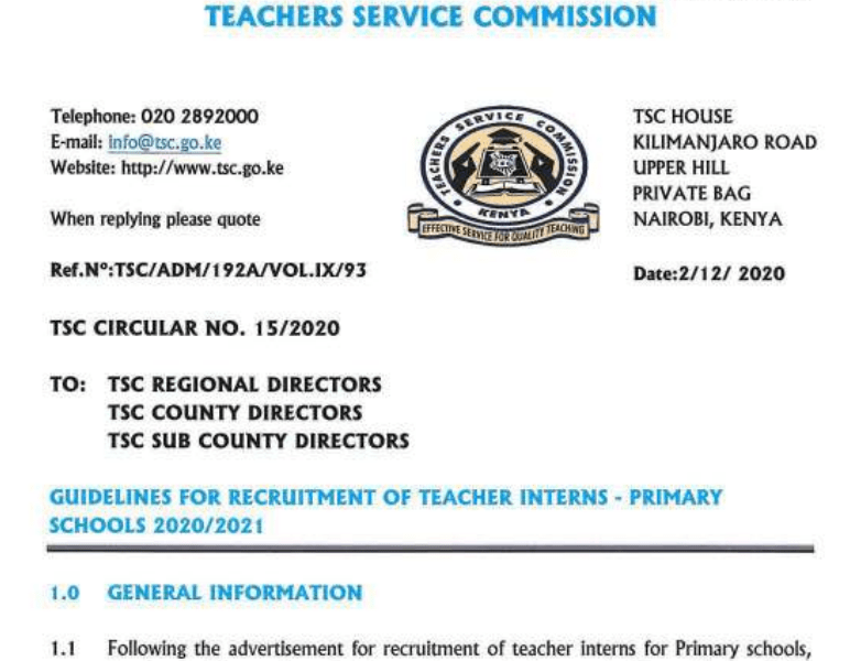 TSC Guidelines For Recruitment Of Primary School Intern ...