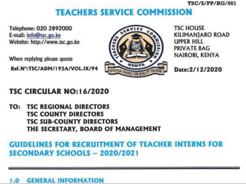 TSC guidelines for recruitment of secondary school teacher interns 2020/2021