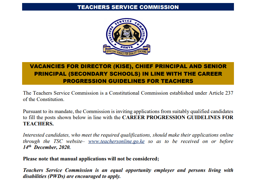 TSC vacancies for Director KISE, Chief Principal and Senior Principal secondary schools