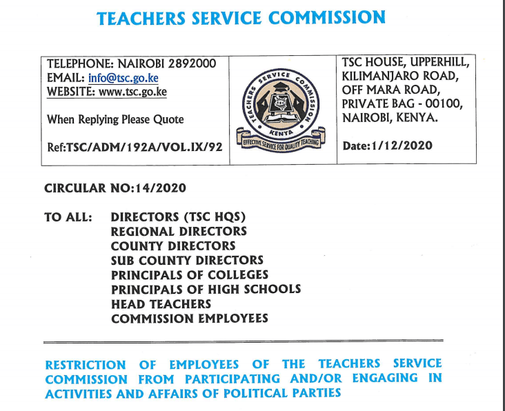 Restriction of TSC employees from engaging in affairs of political parties