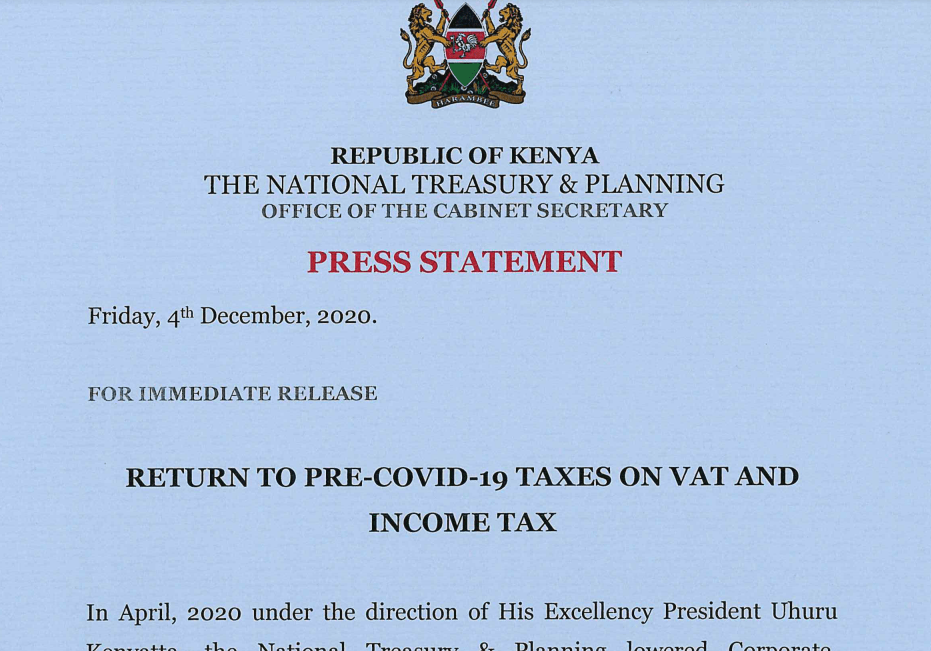 Press Statement: Return to pre-Covid-19 taxes on VAT and income tax