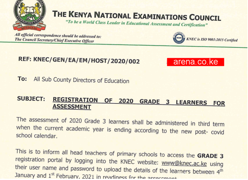 Knec instructions on registration of 2020 Grade 3 learners