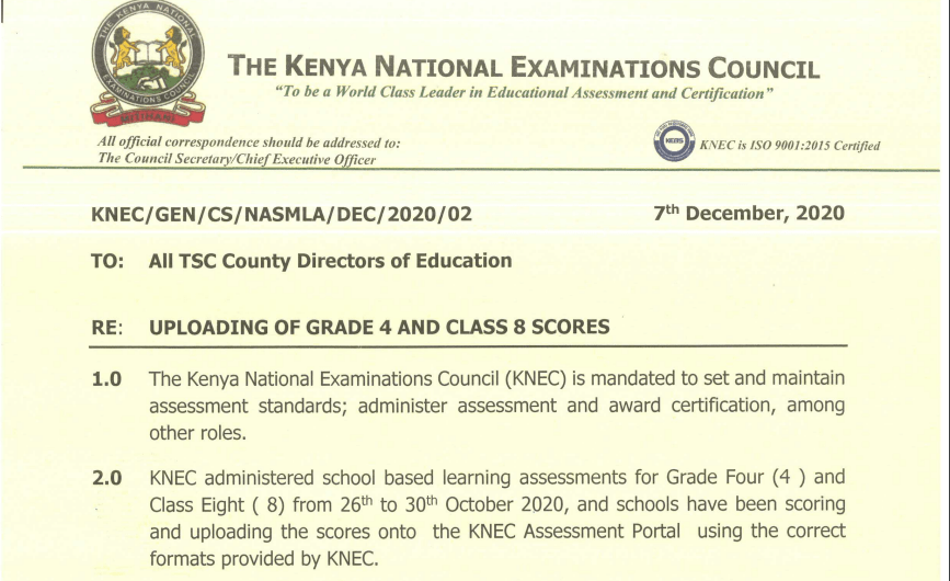 Knec sets 8/12/2020 as final date for uploading Grade 4, Class 8 scores (Circular)