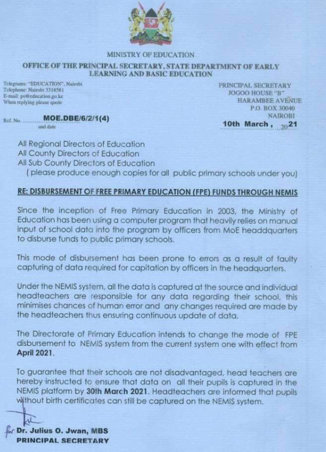 Ministry gives schools till 30th March to register learners on Nemis or miss funds