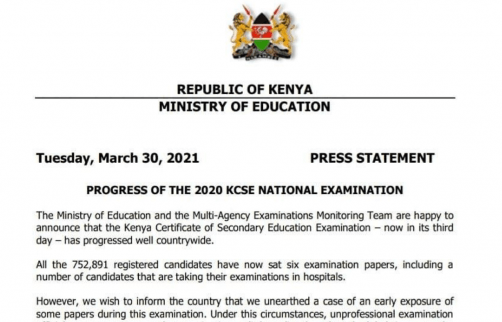 CS Magoha's statement on progress of the 2020 KCSE exams