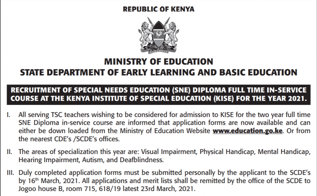 Ministry calls for applications in Diploma Special Needs Education (SNE) by 16th March