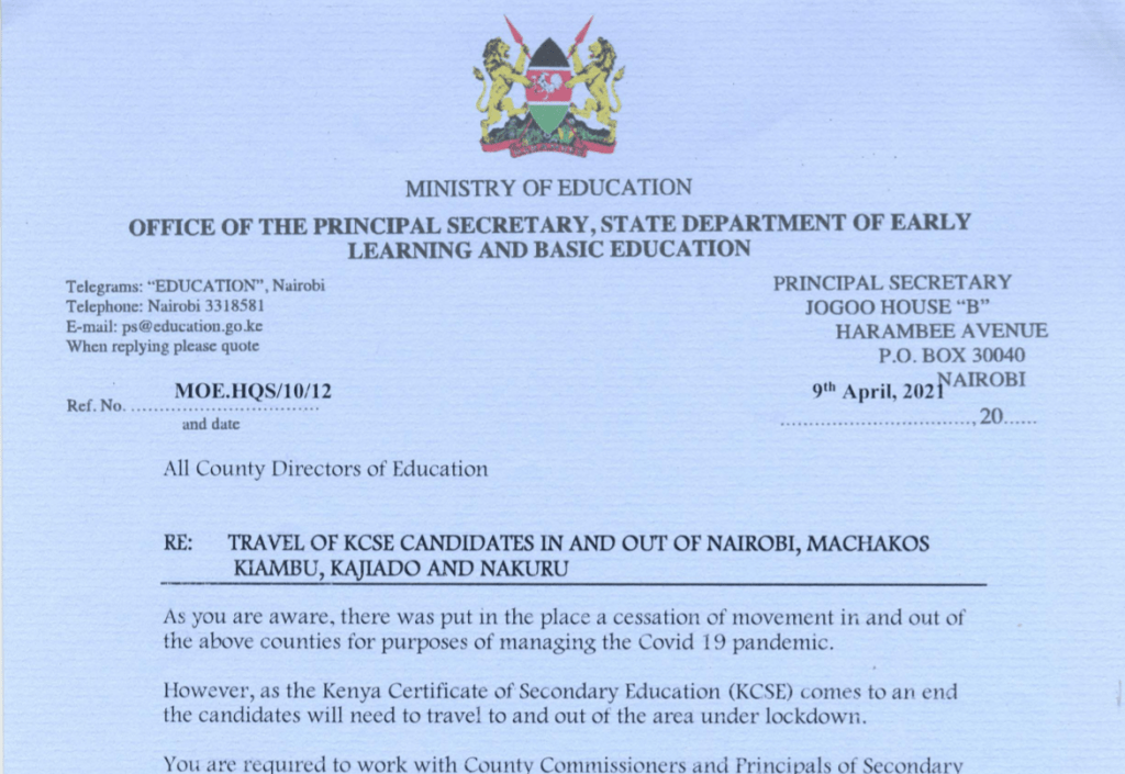 Ministry guidelines for travelling of KCSE candidates back home (Circular)