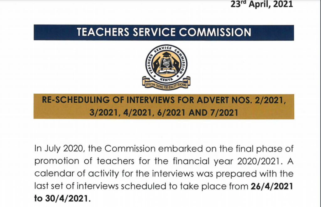 TSC official circular on rescheduled teachers interviews