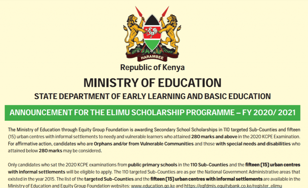 Ministry official announcement for the Elimu scholarship programme 2021