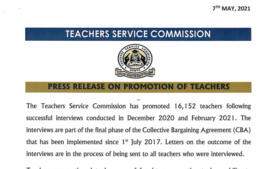 TSC official press release on promotion of 16,152 teachers