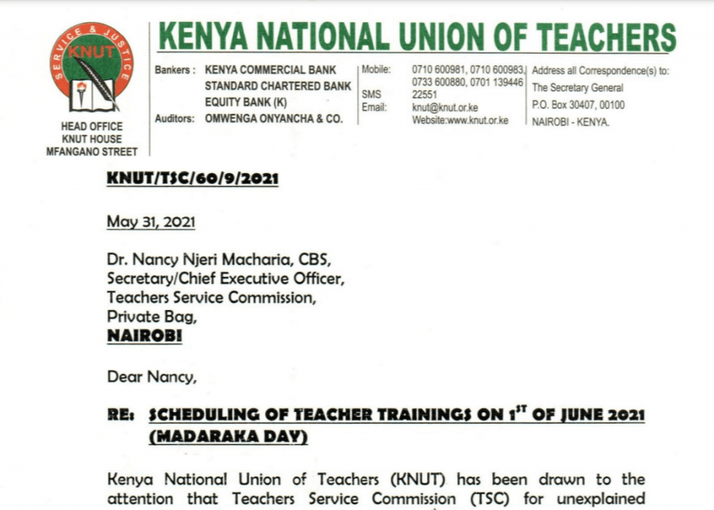 Knut writes to TSC to cancel or they boycott CBC training on Madaraka Day