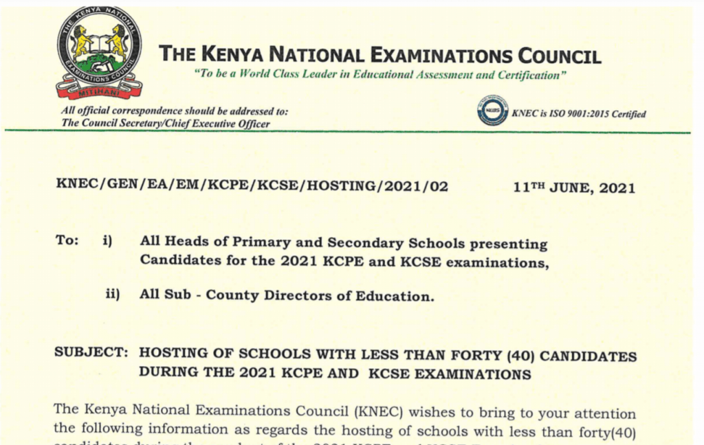 Knec releases circular affecting schools with less than 40 KCPE , KCSE candidates