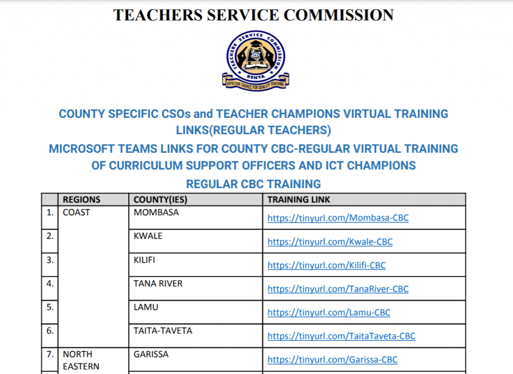 TSC official virtual CBC training links per county