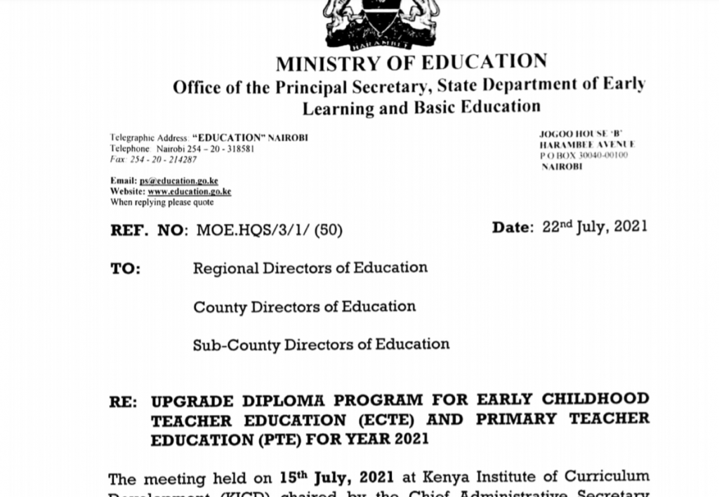 Ministry releases circular for all P1, ECDE teachers to upgrade to Diploma