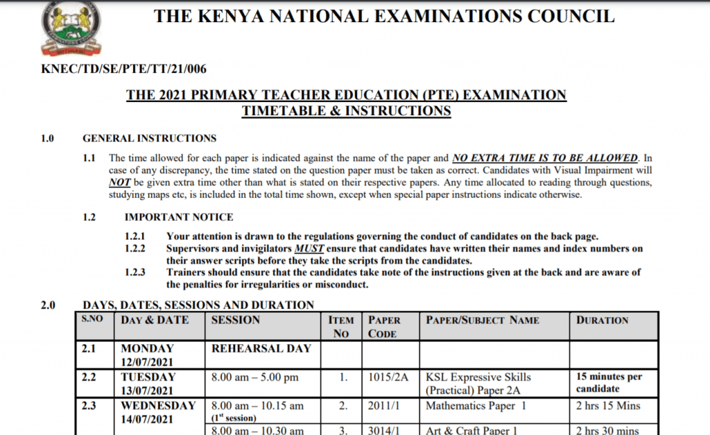 Knec 2021 official PTE Examination Timetable and instructions