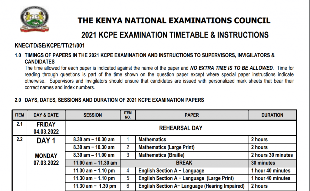 Knec official KCPE 2021 Timetable and Instructions