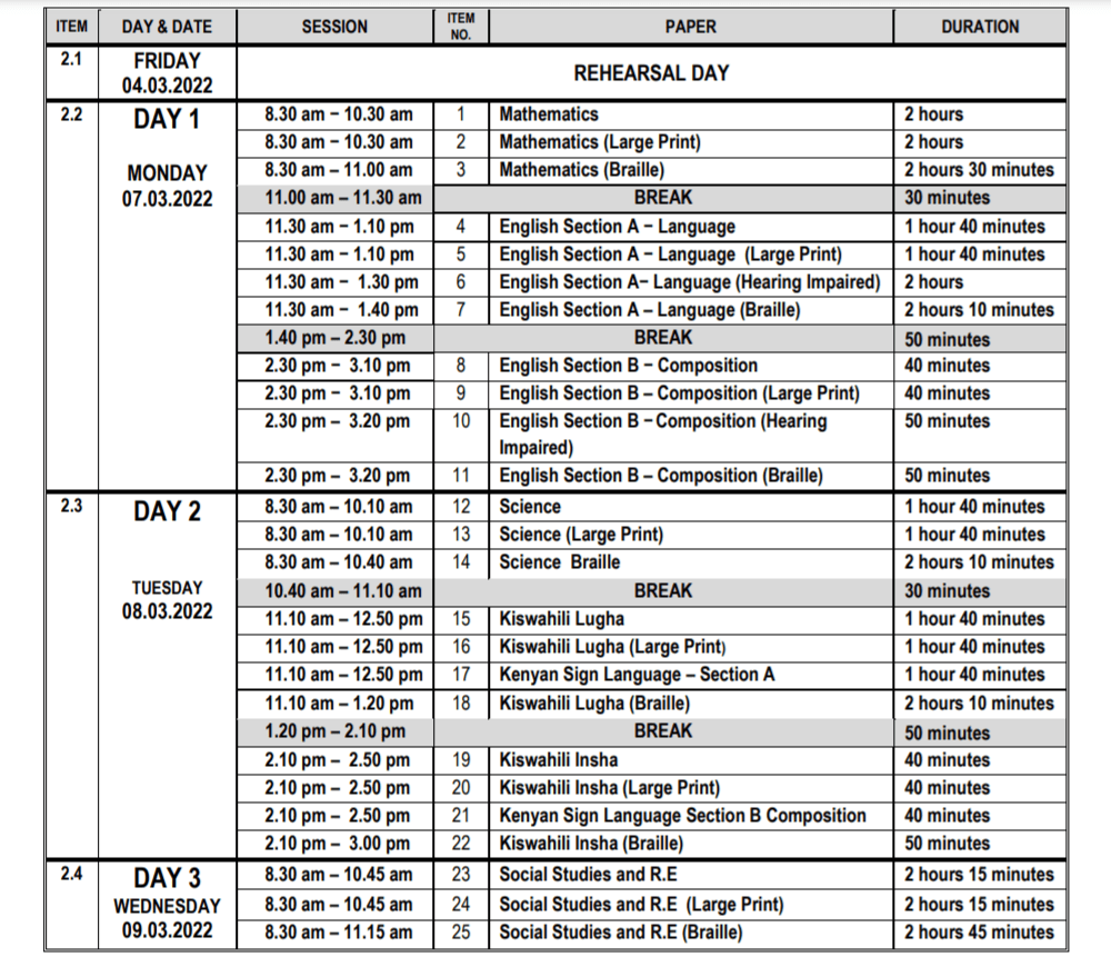 Knec official KCPE 2021 Timetable and Instructions