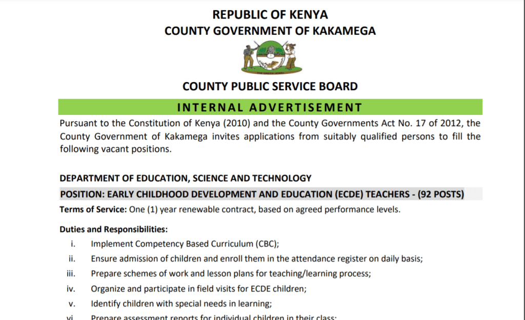 Advert for recruitment of 92 ECDE teachers Kakamega County