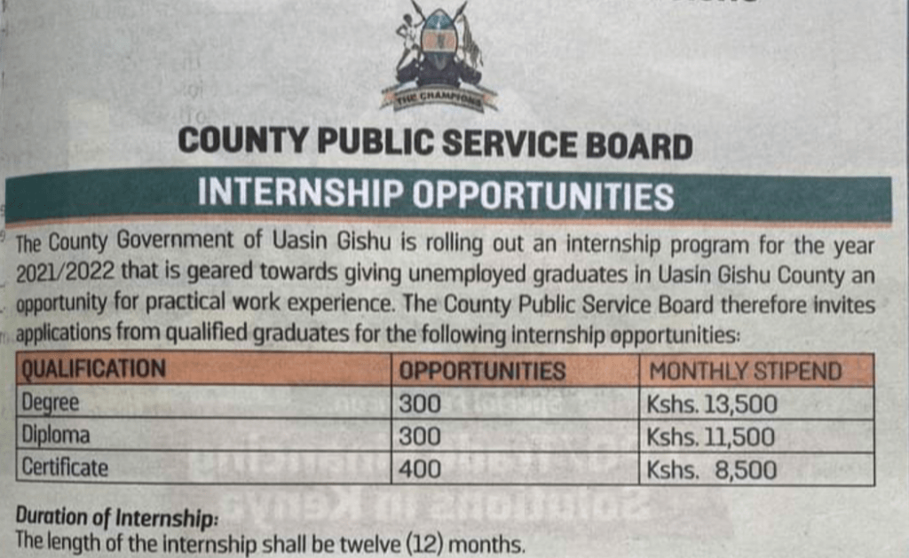 Advert for 1 year 1000 internship posts Uasin Gishu county (Cert Dip Bed)