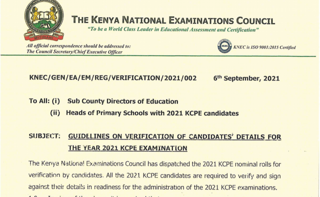 Knec circular on verification of KCPE 2021 candidates details