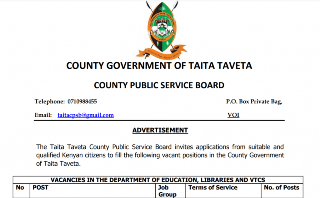 ECDE jobs advert in Taita Taveta county deadline 21st October