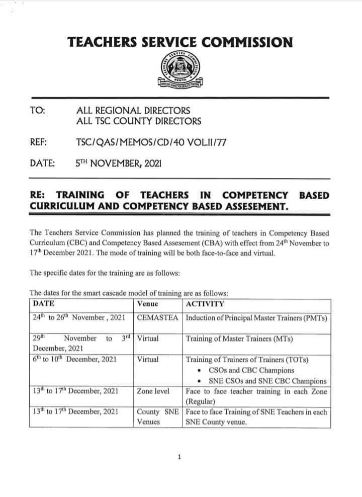 TSC announces CBC, CBA training dates for teachers from 24th Nov