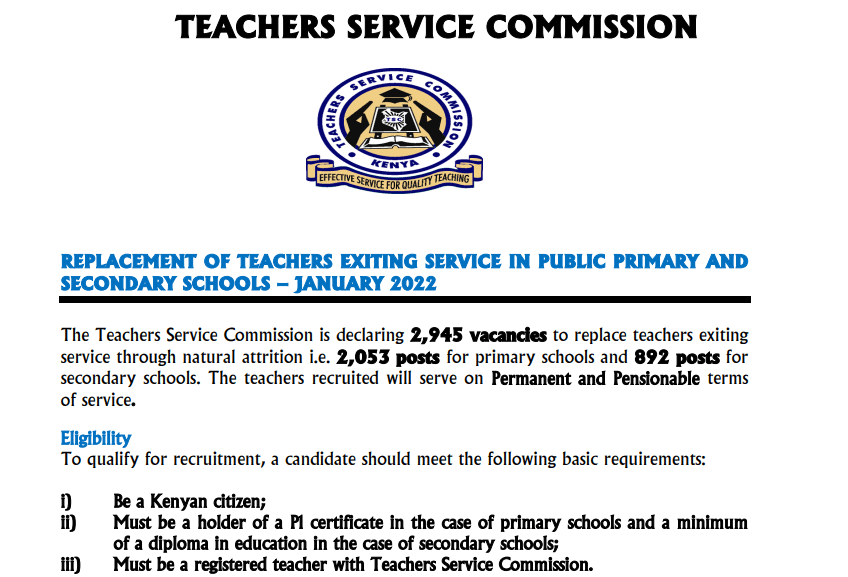 TSC January 2022 replacement slots for primary school teachers per county