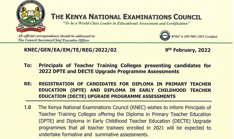 Knec latest news on registration of Diploma upgrading students (DPTE and DECTE)