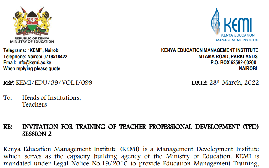 KEMI invites school heads, teachers for TPD training starting 11th April