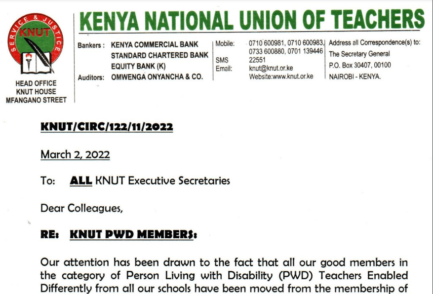 Knut in fresh war after TSC move teachers with disabilities to Kusnet